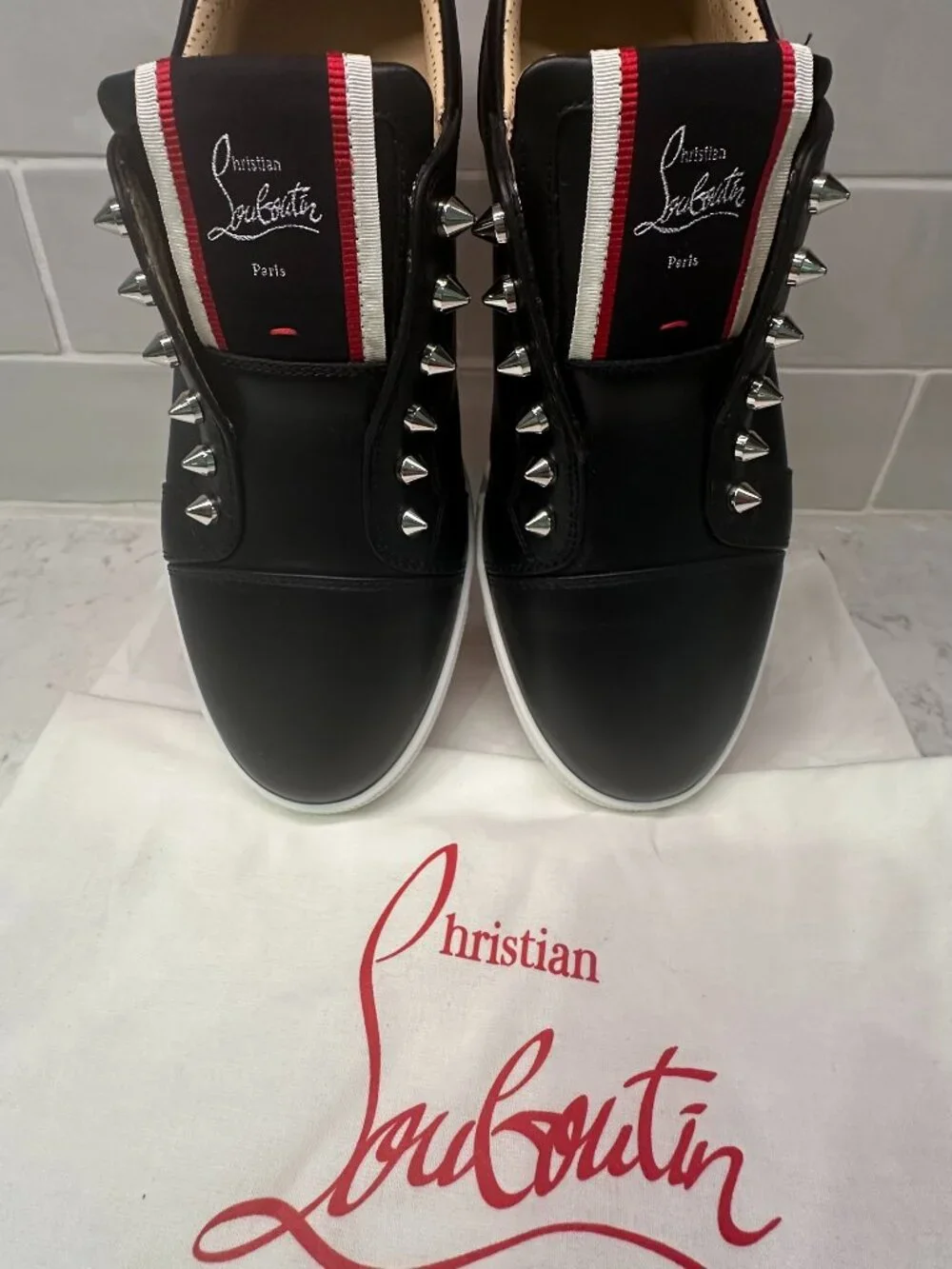 CHRISTIAN LOUBOUTIN F.A.V. FIQUE A VONTADE BLACK CALFSKIN SLIP-ON SNEAKERS. EUC - Picture 1 of 9